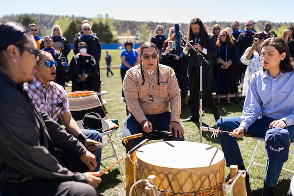 A Native American drum circle performs at Fort Lewis College graduation ceremony.